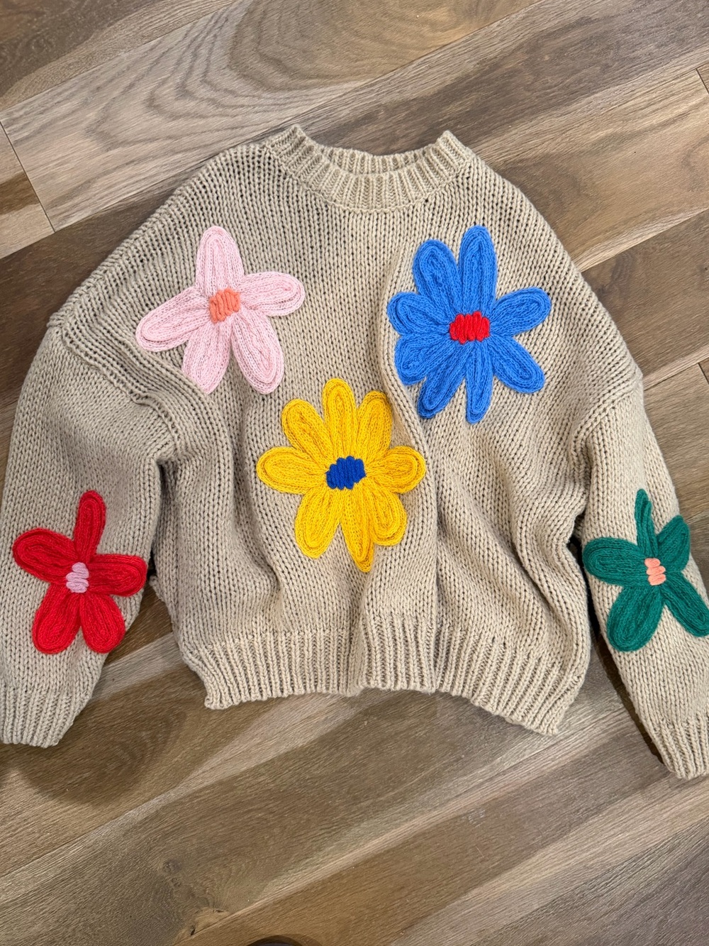 Beige Floral Appliqué Knit Sweater - Women